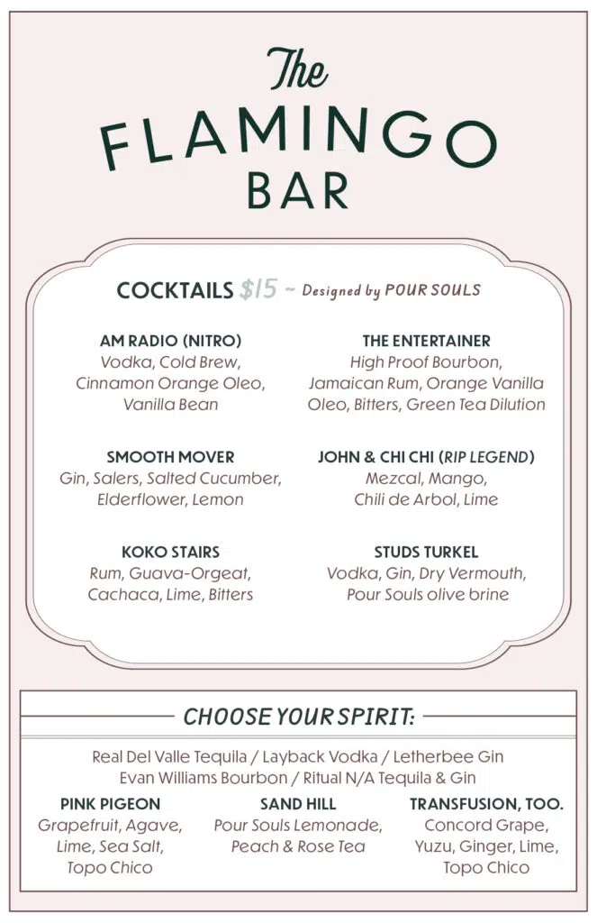 Flamingo Bar Menu Cocktails and Spirits