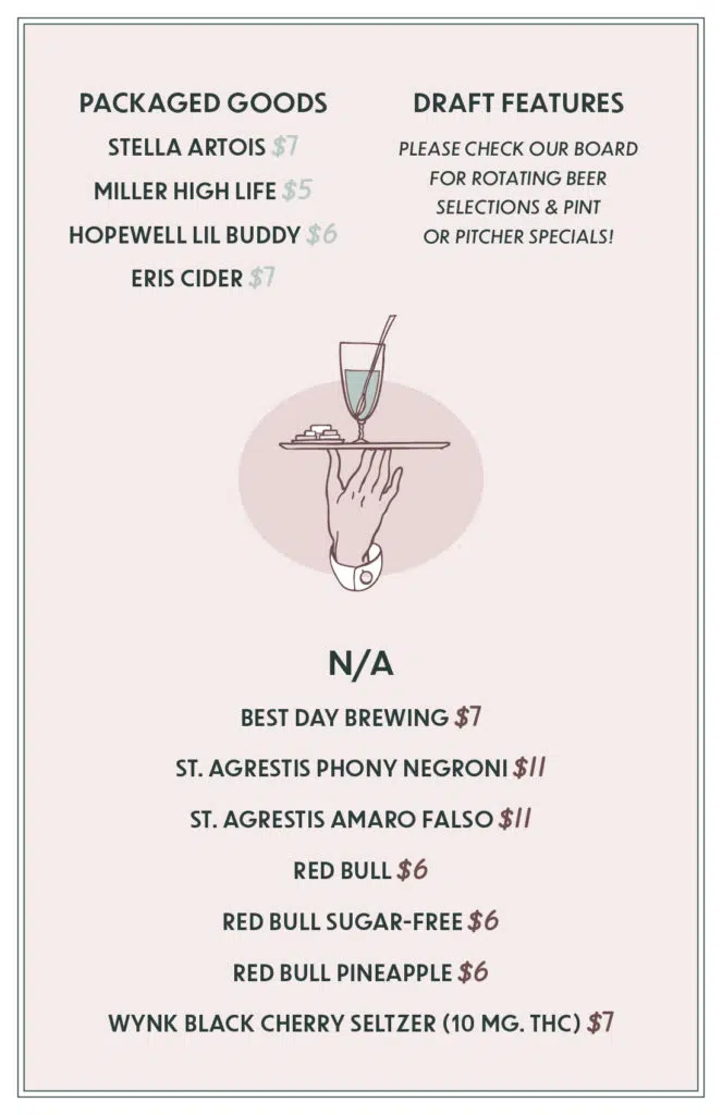 Flamingo Bar Menu Packaged Goods and Draft Features
